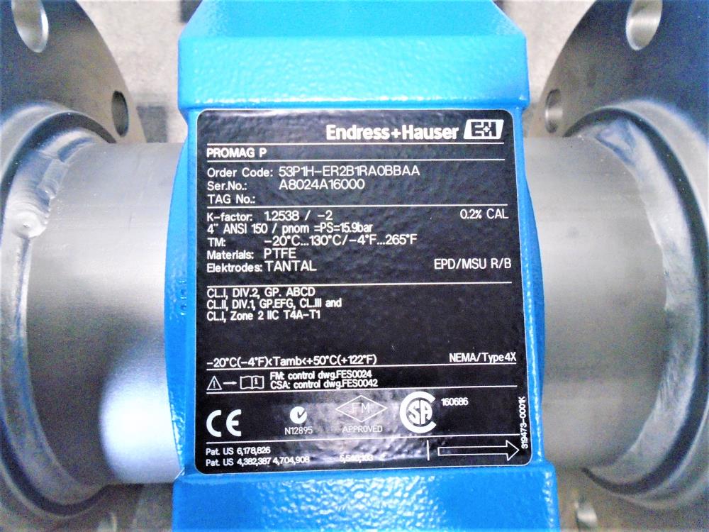 Endress Hauser ProMag 53P 4" 150# SS Magnetic Flow Meter 53P1H-ER2B1RA0BBAA